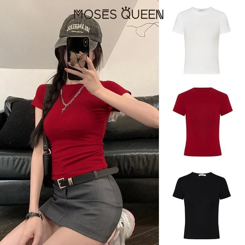 MOSESQUEEN เสื้อยืดไหล่เอวหยิกสีขาวแขนสั้นของผู้หญิงสลิมฟิตเสื้อฐานสั้นสาวเผ็ด #62145