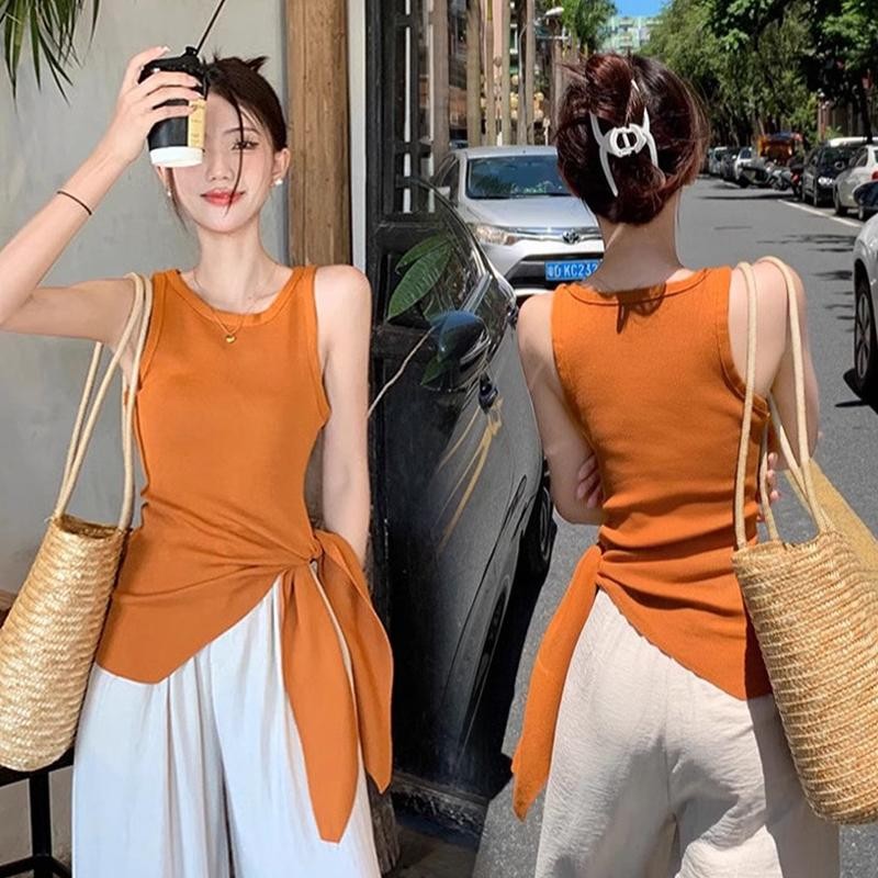 Mimi&Didi#เสื้อแขนกุด เสื้อกล้ามสายเดี่ยวถักนิตติ้งทรงหลวมสำหรับผู้หญิง สไตล์เกาหลี แฟชั่นเข้ารูป สไตล์เกาหลี สีขาว#X035