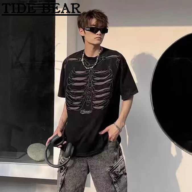 2025 TIDE BEAR พิมพ์กะโหลกศีรษะผู้ชายใหม่เสื้อยืดอารมณ์แนวโน้มฤดูร้อนเยาวชนแนวโน้มแฟชั่นสูงพัดลมถนนสูงรอบคอด้านบน S-5XL