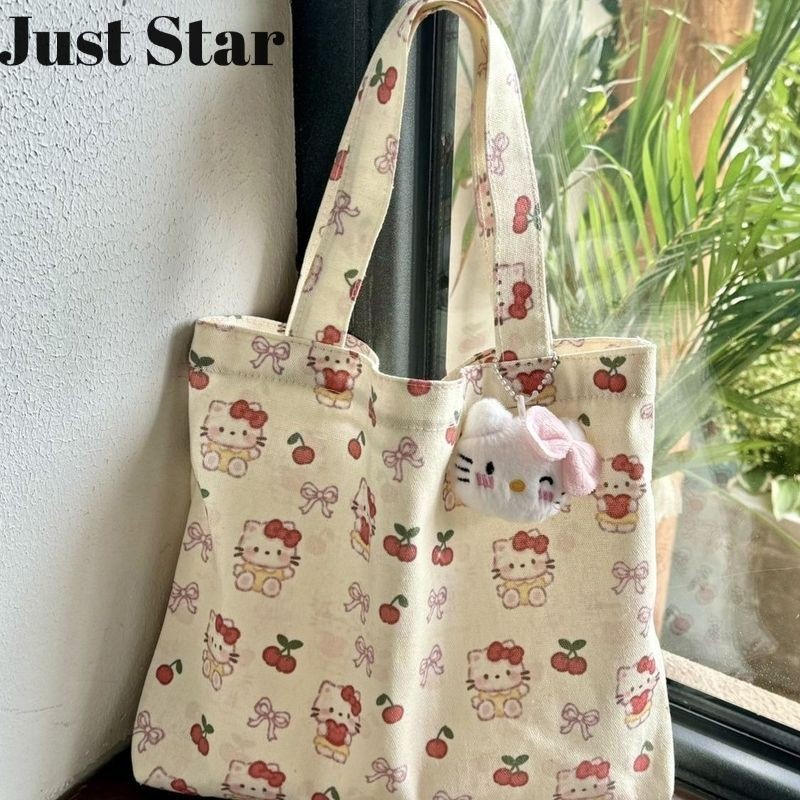 Juststar กระเป๋าโท้ต Hello Kitty น่ารักพิมพ์ลายเชอร์รี่และโบว์
