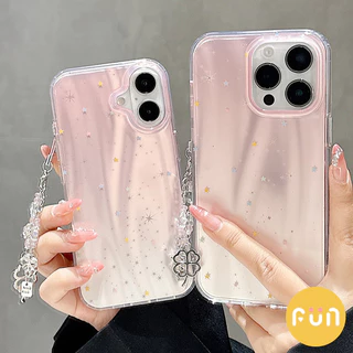 เกาหลีเลเซอร์ Star Gradation สีชมพูโทรศัพท์มือถือสําหรับ iPhone 16 15 14 13 Pro Max 15Promax พร้อมจี้โคลเวอร์สี่ใบ IMD กันกระแทกปลอก