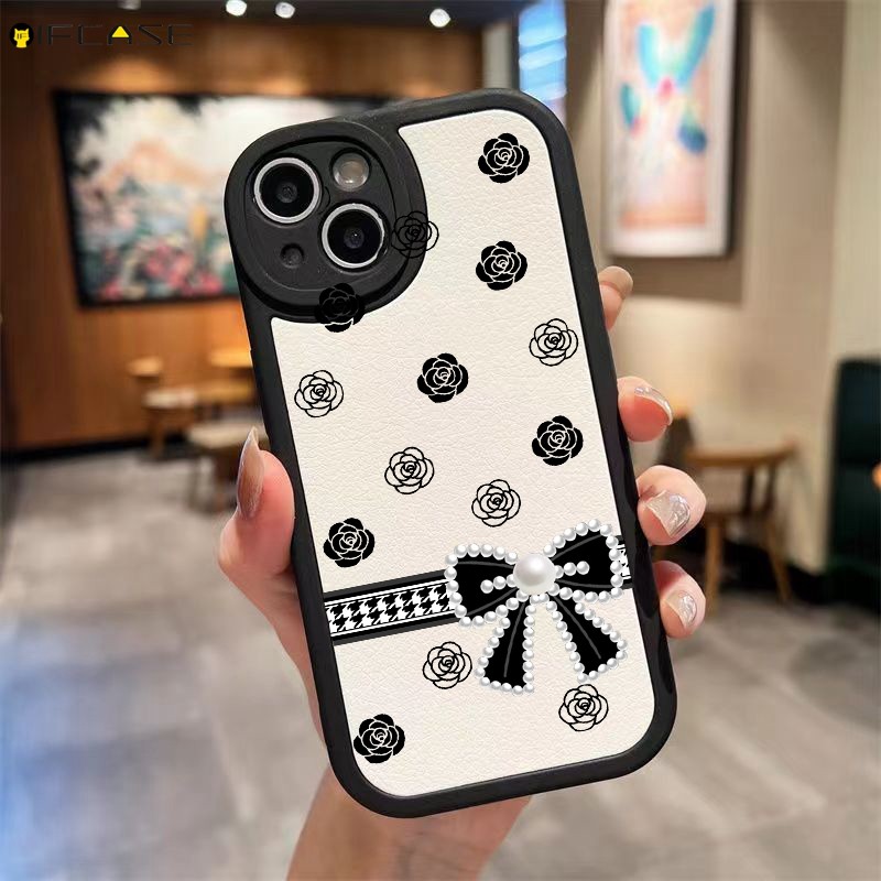 สําหรับrealme C1 Q5 Q3 Pro Q5i Q3s Q3t Q3i 5Gเคสโทรศัพท์สีดําเชอร์รี่ดอกเคมีเลียดอกไม้Bowknotหนังปลอ