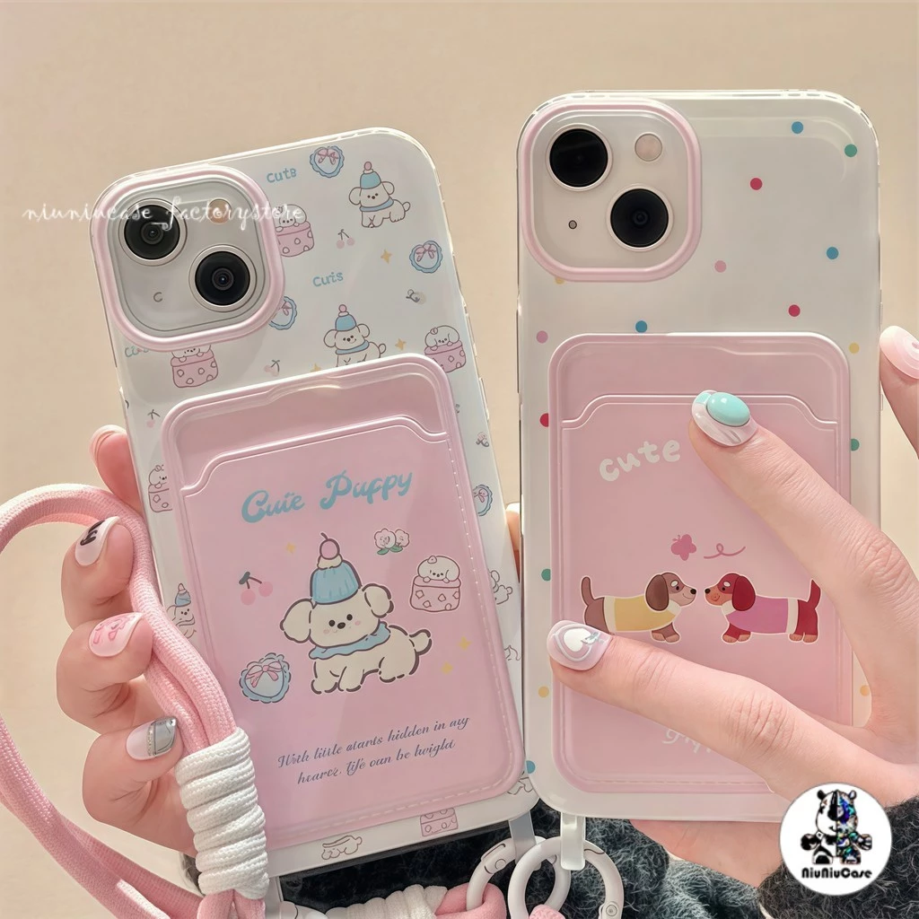 เคส For iPhone 13 12 11 16 15 14 Pro Max X Xr Xs 7P 8P เคสโทรศัพท์การ์ตูนสีชมพูไส้กรอกสุนัข + Lanyardฝาครอบโทรศัพท์นุ่ม