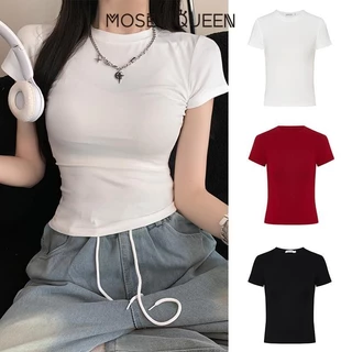 MOESSQUEEN แขนสั้นไหล่อเมริกันเผ็ดสาว ฤดูร้อนใหม่ของผู้หญิงเอวคอลเลกชันเสื้อยืดสลิมฟิตรอบคอบางสั้นครึ่งแขนด้านบน #62145