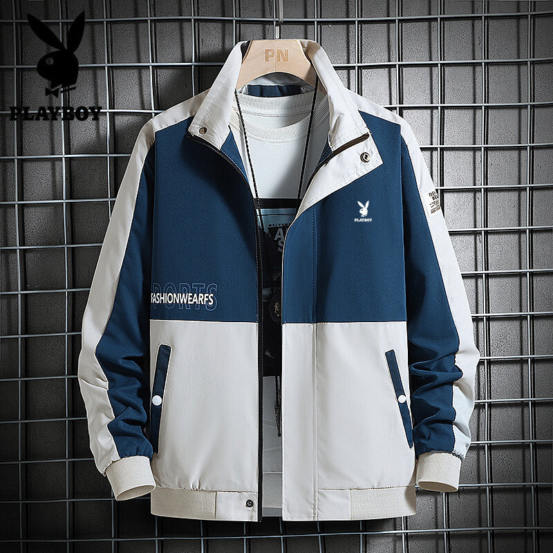 Playboy Brand Mens Coat บุคลิกภาพการจับคู่สีแขนยาว Teen Pop Collar Coat