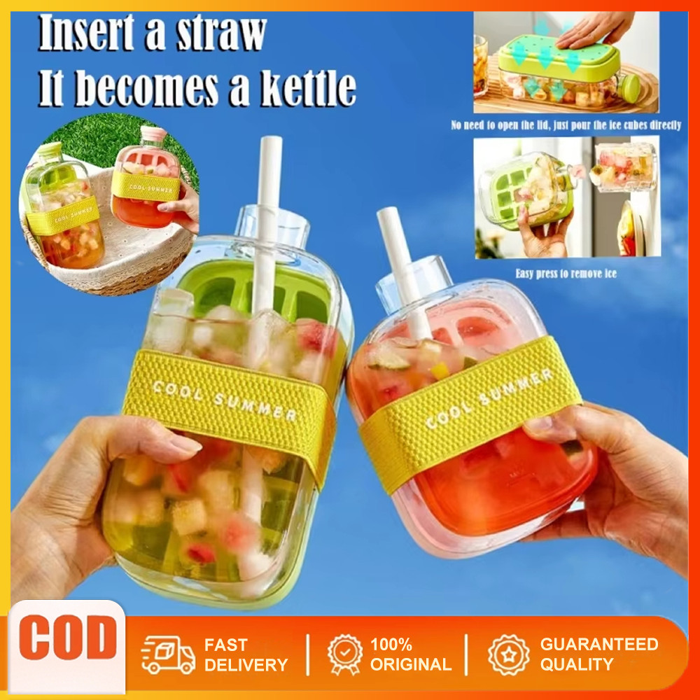 2 IN 1 ขวดเครื่องดื่มน้ําแข็ง SUMMER COOL Ice Cube ถาดฟาง 500ML ซิลิโคน Ice Cube ถาดกลางแจ้งถ้วยเครื่องดื่ม