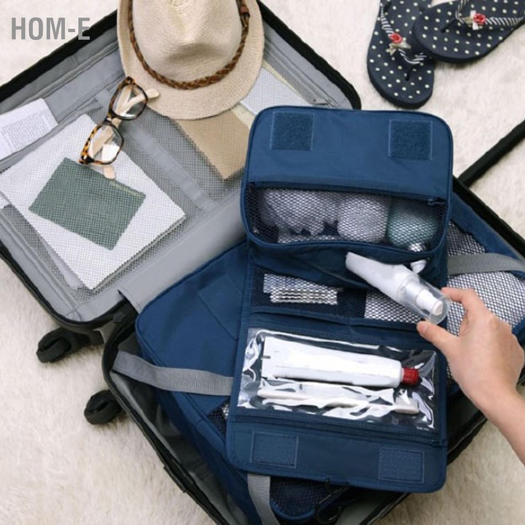 Hom-E แขวนกระเป๋าเครื่องสำอางค์กระเป๋าแต่งหน้าพับได้กระเป๋า Hook และ Tote Navy Blue 24x18.5x9.5 ซม. สำหรับเดินทาง