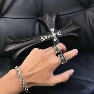 ไทเทเนียมเหล็ก Chrome Hearts Cross Ring Rock Hip-Hop Hollow เปิดแหวนคู่สําหรับผู้หญิงและผู้ชาย