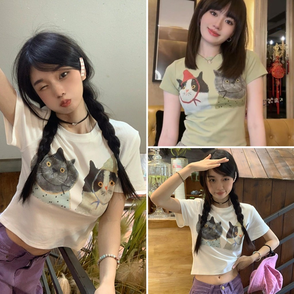 cherryshop พร้อมส่ง เสื้อครอป ย้อนยุคอเมริกัน แขนสั้นทรงเข้ารูป sexy สไตล์การแต่งตัว Y2K