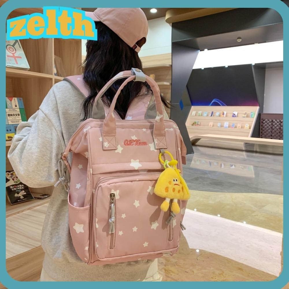 Zelth กระเป๋าเป้สะพายหลัง กระเป๋านักเรียน ผ้าไนล่อน พิมพ์ลายดาว ความจุขนาดใหญ่ แบบพกพา ปรับได้ สําหรับผู้หญิง และผู้ใหญ่