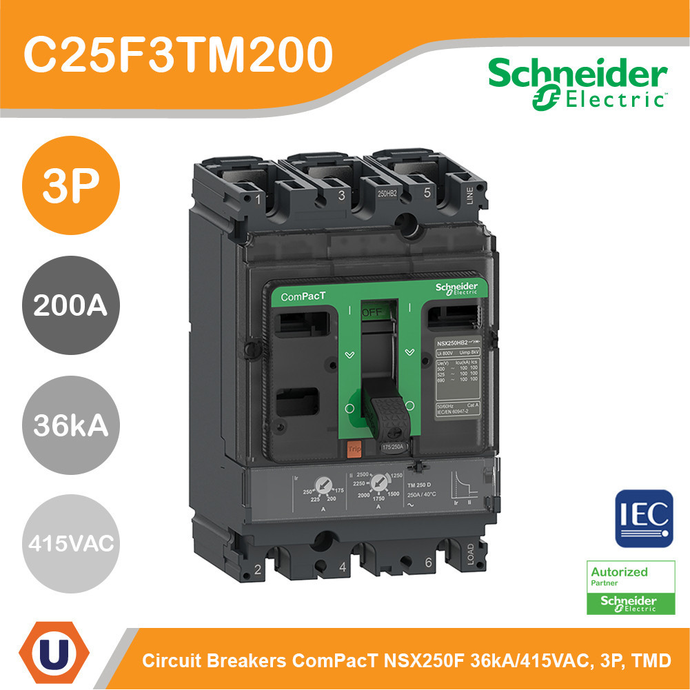 Schneider Circuit Breaker, ComPact NSX250F, 36kA/415VAC, 3 poles, TMD trip unit 200A | C25F3TM200 | 