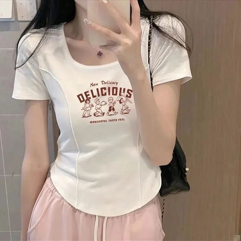 [HY] เสื้อยืดแขนสั้น คอสี่เหลี่ยม เปิดไหล่ พิมพ์ลาย ทรงหลวม สําหรับผู้หญิง ไซซ์ S - 2xl