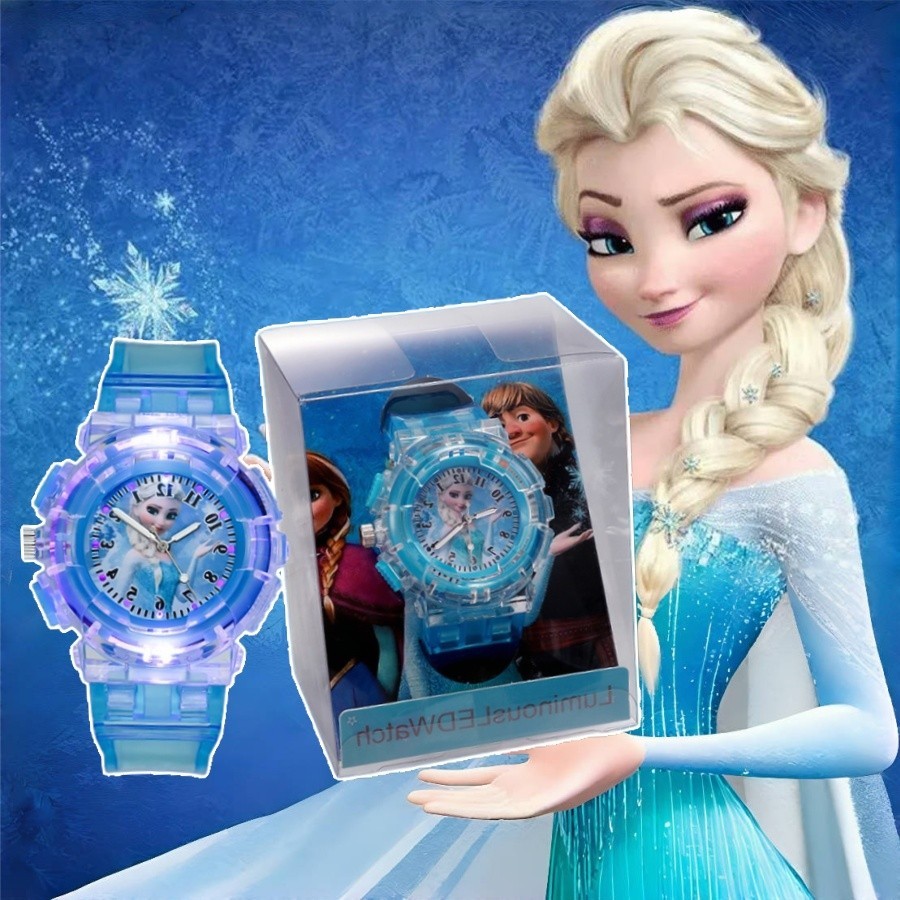 พร้อมกล่องนาฬิกาเด็กการ์ตูน Frozen Elsa Princess นาฬิกาพร้อมแสงเรืองแสงในเวลากลางคืนของขวัญสําหรับเด็กผู้หญิง