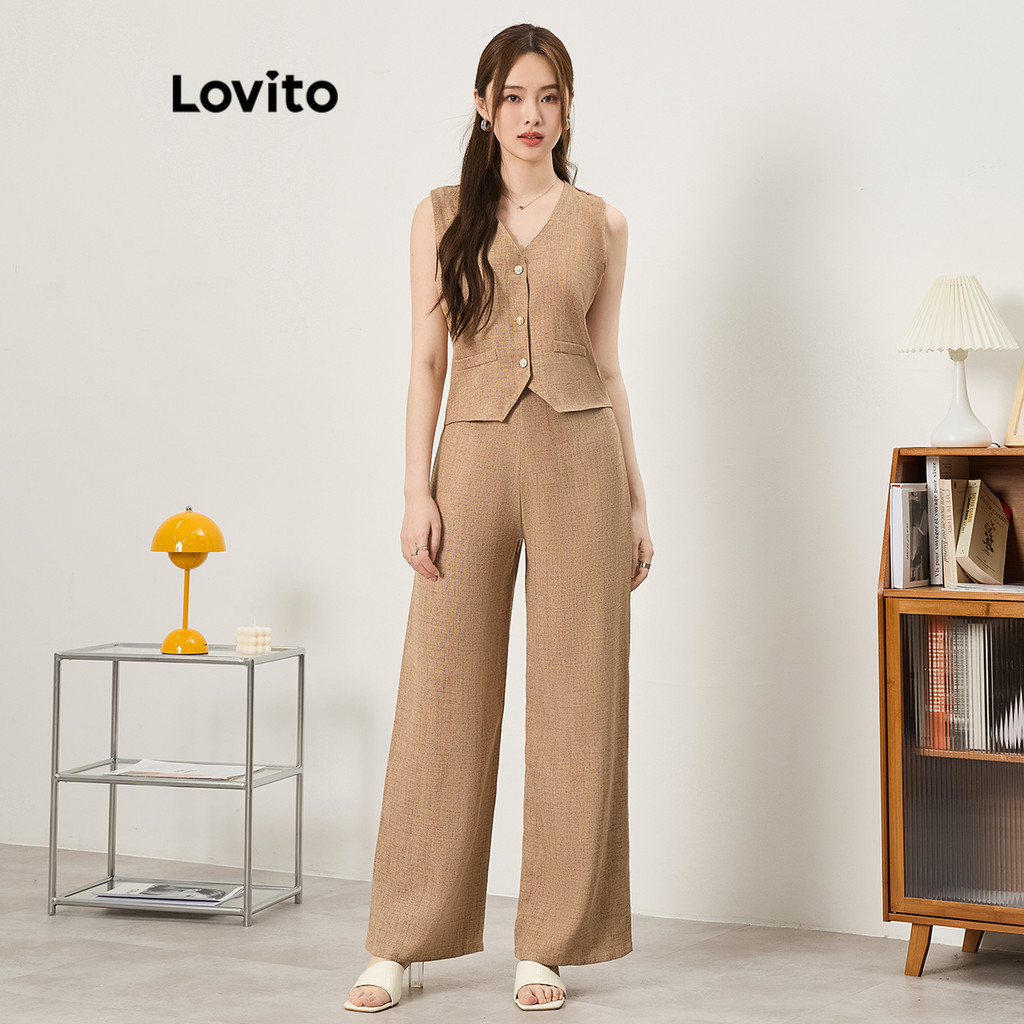 Lovito ชุดเซ็ทกางเกงขายาวผู้หญิง กระดุมด้านหน้า สีพื้น หรูหรา L86ED333