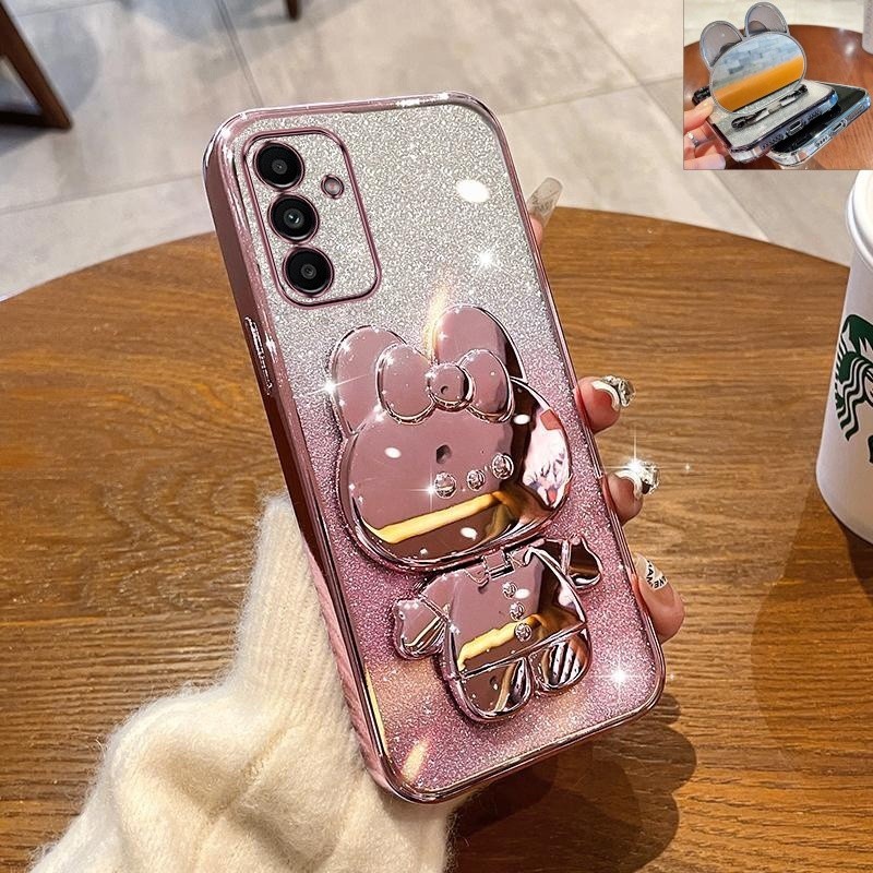 เคส Samsung A14 4G 5G A15 A55 5G การ์ตูนกระต่าย 3D ที่วางกระจกเครื่องสําอาง กลิตเตอร์ เคสโทรศัพท์ Hello Kitty เคสยึดเลเซอร์ ฝาครอบไฟฟ้า + ขาตั้งพับได้