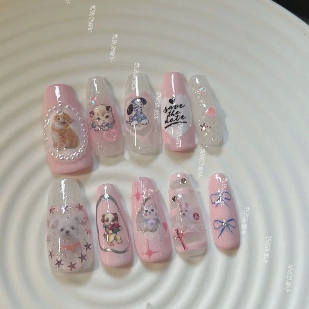 Y2k Pink Handmade Nail Wearing Short Puppy Anime Nails Patch