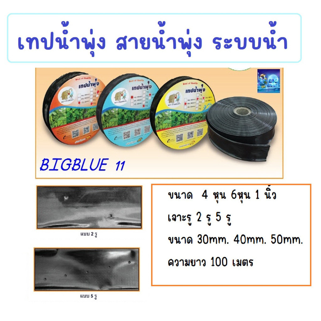 เทปน้ำพุ่ง สายกระจายน้ำ ขนาด 4หุน 6 หุน 1นิ้ว ยาว 100 เมตร เหนียว ทนแรงดันได้ดี