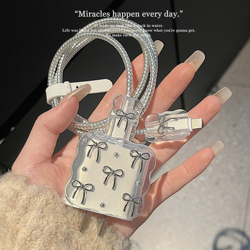 เกาหลี 3D Clear glitter Bowknot Pearl ใหม่อีพ็อกซี่สาย USB Protector สําหรับ iPhone 18W/20W อะแดปเตอร์ข้อมูลสายกัดหัวสายไฟ Fast ชาร์จกรณี