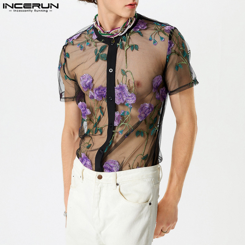 Incerun เสื ้ อเชิ ้ ตแขนสั ้ นผู ้ ชายแฟชั ่ น Rose Jacquard Perspective