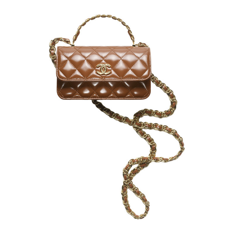 Chanel/Chanel women's bag Pochette brown patent leather diamond pattern classic casual shoulder crossbody