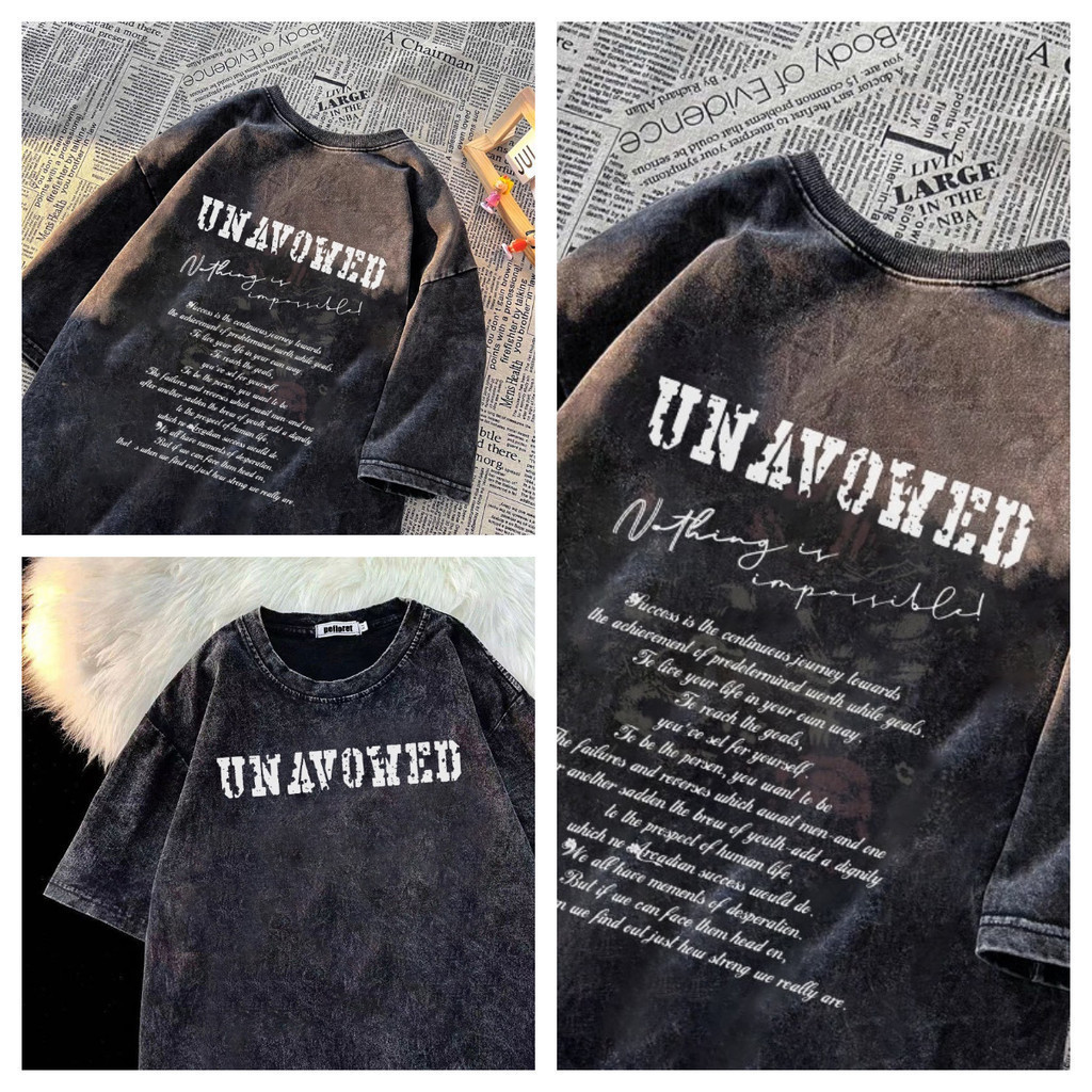 （จัดส่งตลอด 24 ชั่วโมง）HYเสื้อยืดฟอก ผ้าฝ้าย100% โอเวอร์ไซซ์ สีดําเข้ม สไตล์ฮิปฮอป เรโทรเสื้อเชิ้ตสำหรับคู่รักชายและหญิง