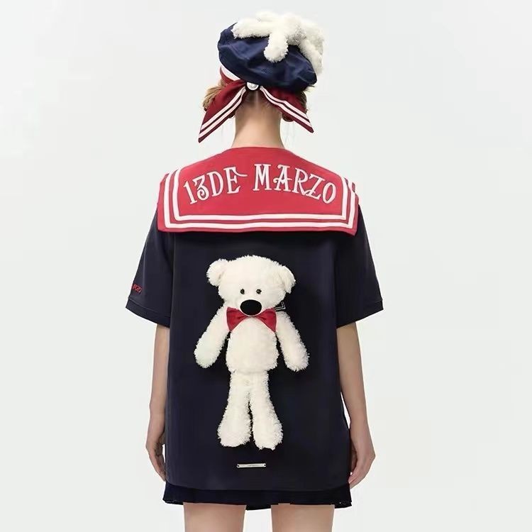 RGQA 13DE MARZO Navy Style Three-Dimensional Doll Loose Casual Cotton Top Fashion Short SleeveTT-shirt