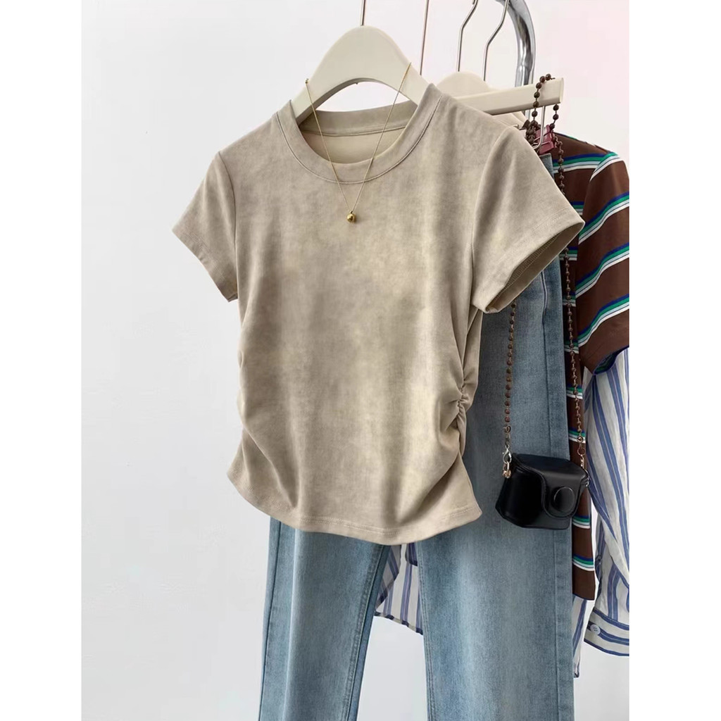 ผ้าฝ้าย 100% 220ก เวอร์ชั่นเกาหลีเสื้อยืดแขนสั้นผูกจีบย้อมด้านบนแฟชั่น