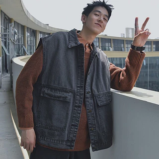 MR-DEER แจ็คเก็ตยีนส์ แขนกุด เสื้อกั๊ก ทรงหลวม กระเป๋าใหญ่ ผู้ชาย รุ่น M8800