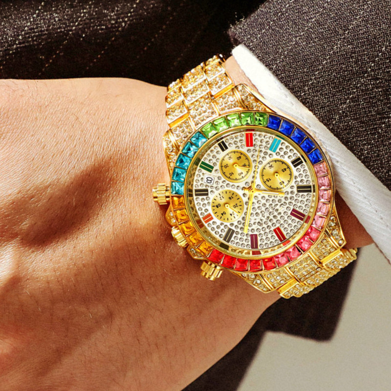 Pintime นาฬิกาปฏิทินอัตโนมัติแฟชั่น Rainbow Diamond Full Sky Star สายเหล็กผู้ชาย Non Mechanical Cuban สร้อยข้อมือเพชรสี Hip Hop