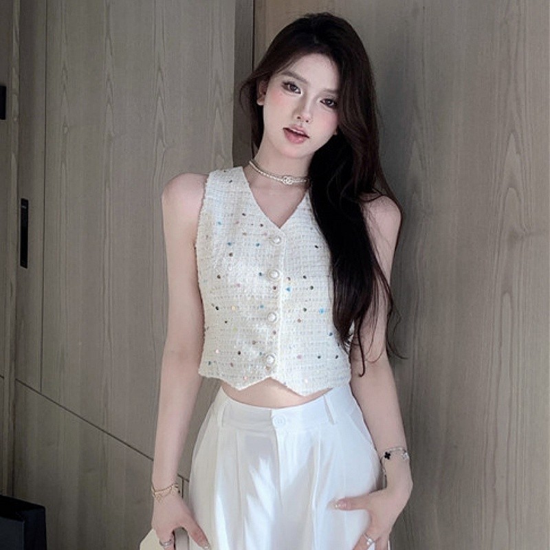 SuySuy พร้อมส่ง เสื้อกั๊ก แขนกุด ผ้าทวิต คอวี สวยงามสำหรับผู้หญิง แฟชั่น สไตล์เกาหลี