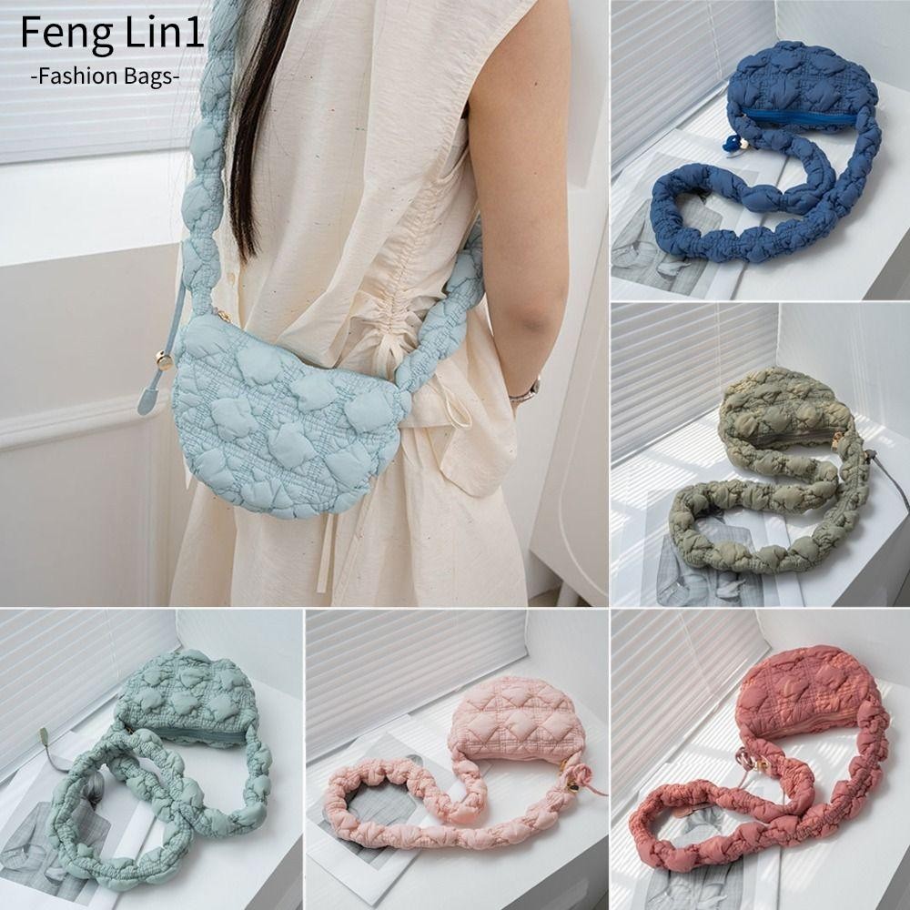 Fengling Messenger Bag, Pleated Cloud Quilted Shoulder Bag, Fashion Bubbles Solid Color Commute Bag Women Girls