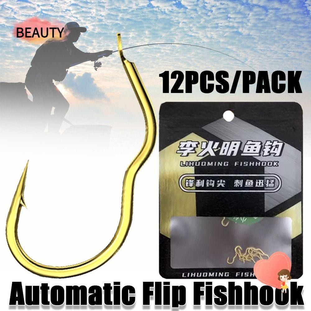 ความงาม 12 ชิ ้ น/Pack พลิกอัตโนมัติ Fishhook, Anti Slip เหล ็ กคาร ์ บอนสูงตะขอตกปลาทอง , Sharp Barbed Fishing Tackle