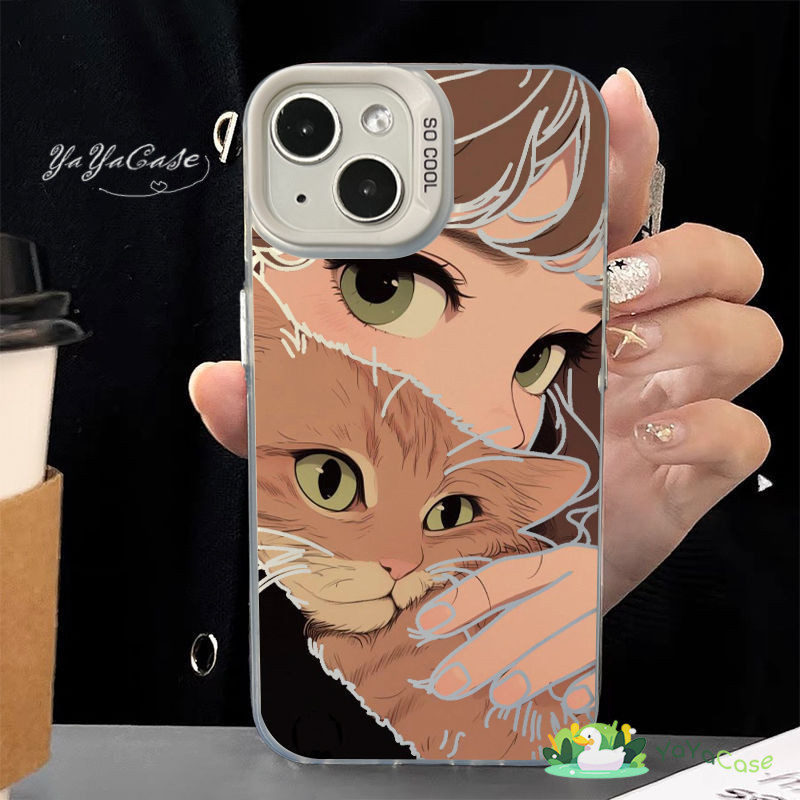 สำหรับ iPhone11 13 CASE FOR เคสไอโฟน15 14 12 Pro Max 15 14 7 8 Plus X XR XS MAX Cute Cat Girlรุ่น ขั้นสูง TPU สีเงินเคส