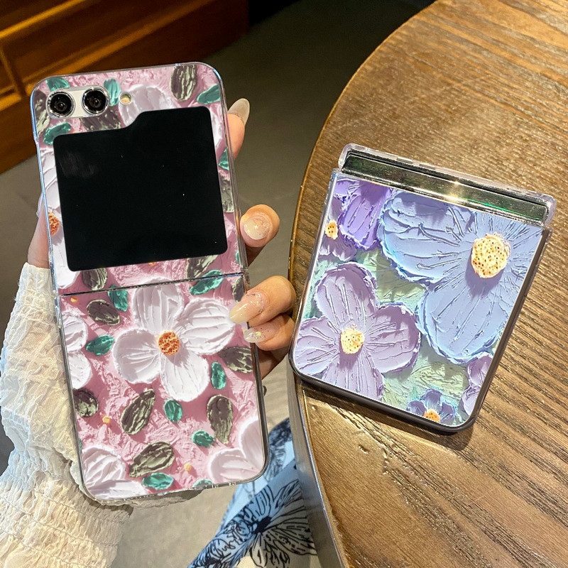 บรรเทาภาพวาดสีน้ํามันลายดอกไม้เหมาะสําหรับ Samsung Z Flip 3 Z Flip5 Z Flip4 ป้องกันลายนิ้วมือสองในหน
