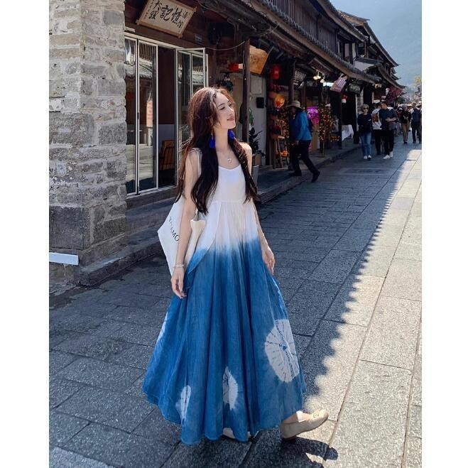 Yueyejia YY โปรโมชั่นสินค้าใหม่ kumikumi วันหยุดฝรั่งเศสสไตล์ชาติพันธุ์ Tie-Dye สลิงชุดหญิงฤดูร้อนหลวมอารมณ์ A-Line กระโปรงยาว Hot @-