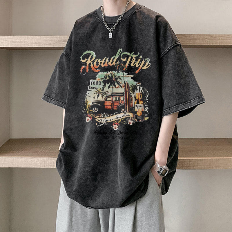（จัดส่งตลอด 24 ชั่วโมง）HYเสื้อยืดฟอก ผ้าฝ้าย100% โอเวอร์ไซซ์ สีดําเข้ม สไตล์ฮิปฮอป เรโทรเสื้อเชิ้ตสำหรับคู่รักชายและหญิง