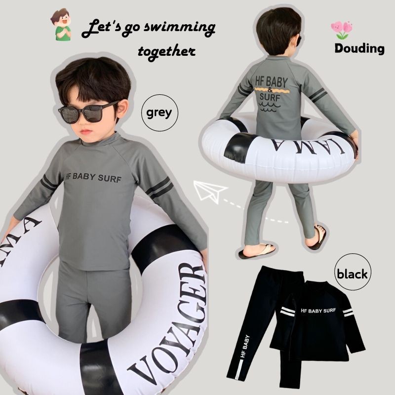 [มีในสต็อก] ชุดว่ายน้ําเด็กผู้ชายฤดูร้อนจดหมายครีมกันแดดแยกชุดว่ายน้ํา + หมวกว่ายน้ําชุดสูทสามชิ้น
