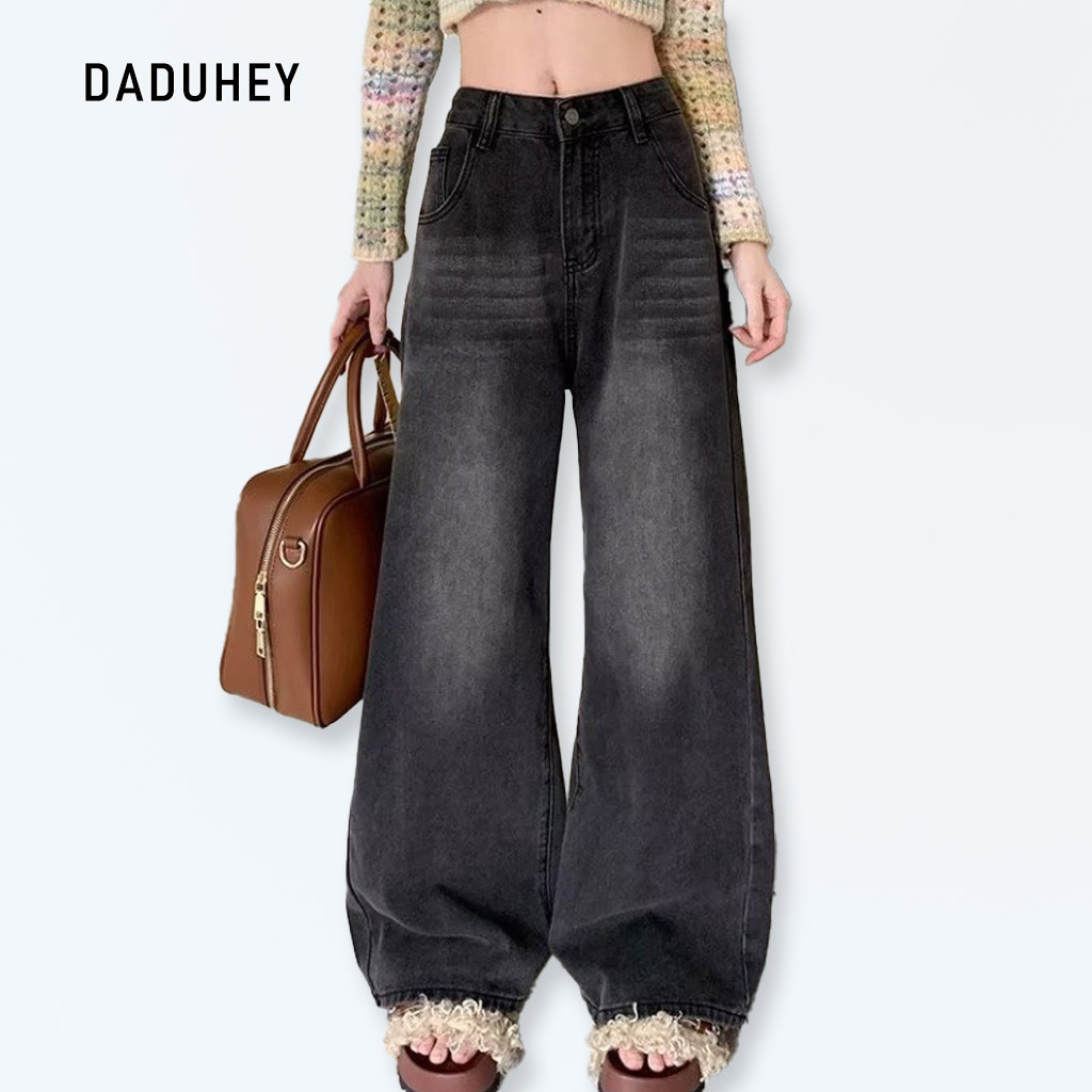 Datuhey Women Retro Jeans กางเกงขายาวถูพื้นขากว้างตรง