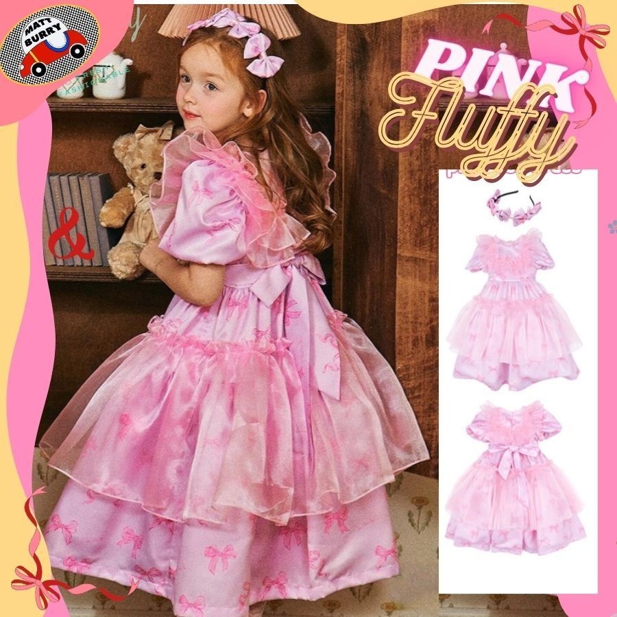 ( Little Rachel kids พร้อมส่ง นำเข้าเกาหลี) Pink Fluffy Dress ชุดเดรสระบายฟูฟ่อง ลายโบวสีชมพู ที่คาดผมโบว แบรนด์เกาหล