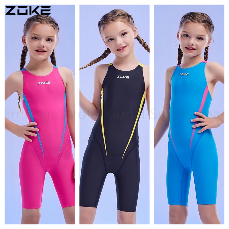Zoke Girl ชุดว่ายน้ําเด็กการฝึกอบรม Porfessional Racing Kneesuit เด็กว่ายน้ําเครื่องแต่งกายชุดว่ายน้ําสาวตั้งแต่ 3 ถึง 14 ปี