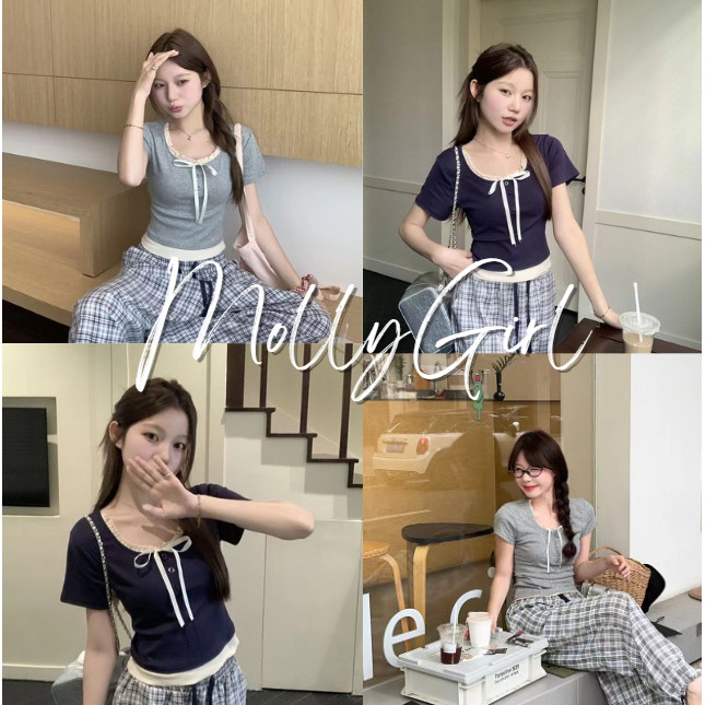 mollygirl.shop เสื้อยืดแขนสั้นชุดทูพีซปลอมผูกโบว์