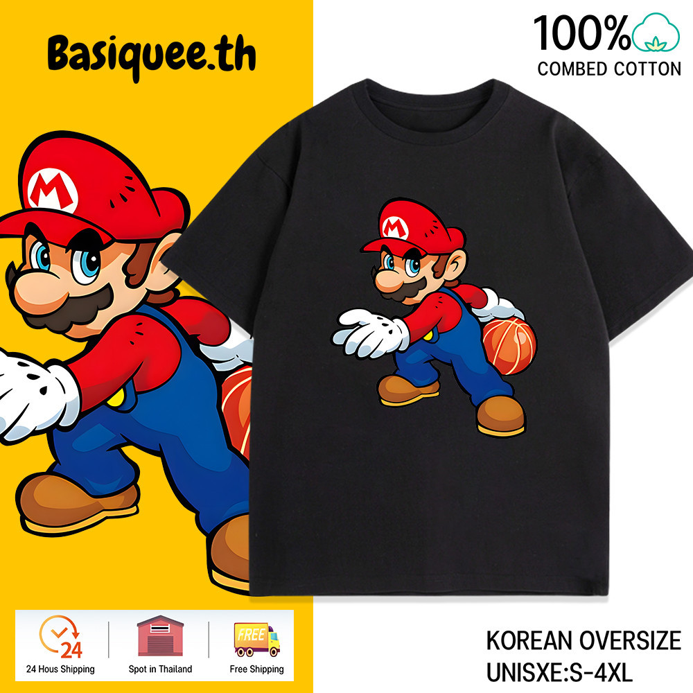 Basi เสื้อยืดแขนสั้น ลายซุปเปอร์มาริโอ้ สีสดสวยเท่ ทรงหลวม ผ้าcottonแท้นิ่มมากเย็นสบาย สไตล์เกาหลีสตรีทฮิปฮอปSuper Mario