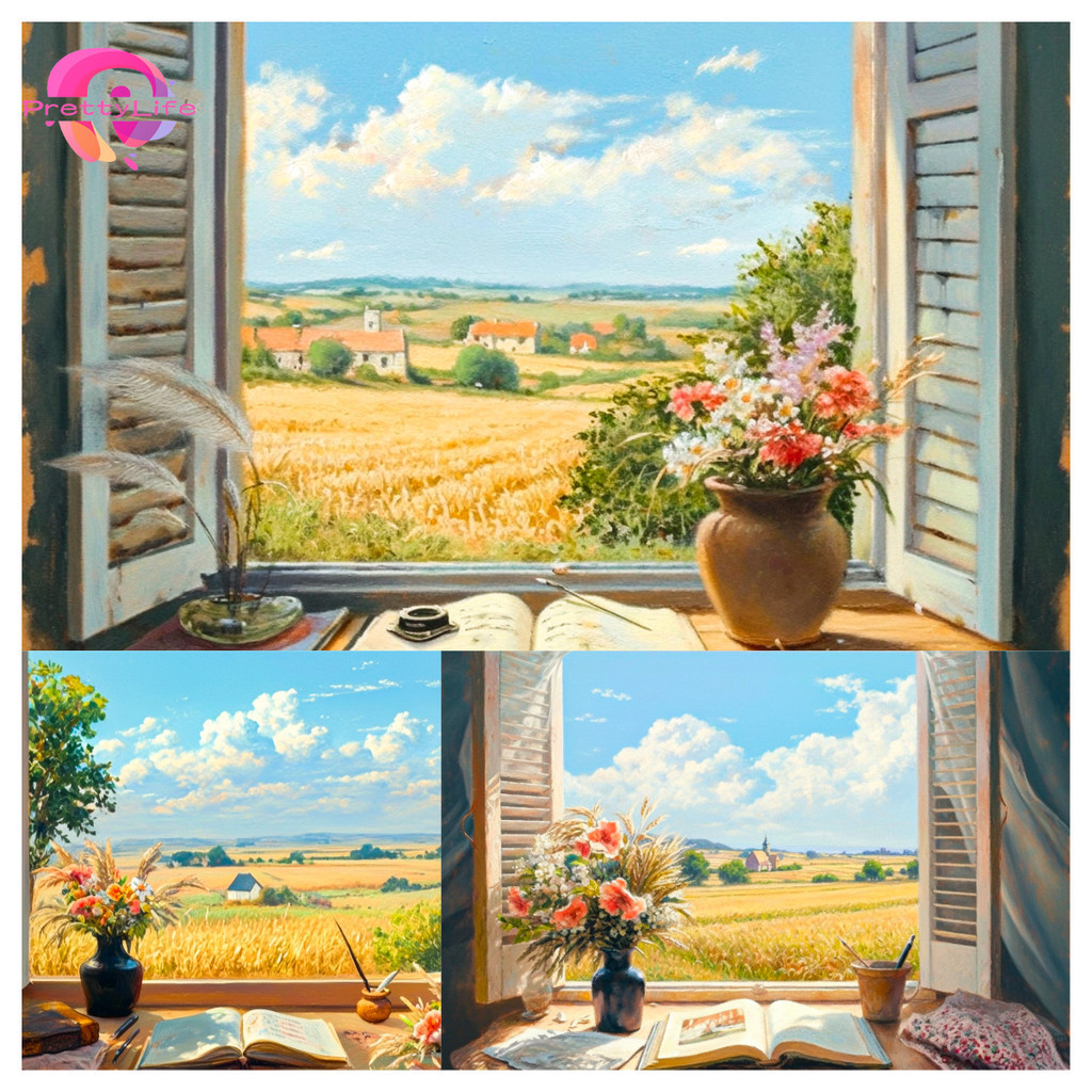 Pl ทิวทัศน์ทุ่งนอกหน้าต่าง 5D DIY เพชรทาสีคริสตัลรอบฝังเพชรชุดเพชรน้ําเพชรภาพวาดตกแต่งบ้าน 30x40 ซม.