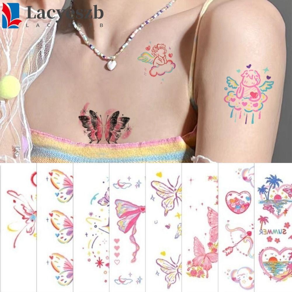Lacyeszb สติ๊กเกอร์รอยสักชั่วคราว, สติ๊กเกอร์ศิลปะร่างกายเมฆหวาน, ผีเสื้อยาวนานสีชมพู INS แต่งหน้า Tattoo Decals หญิง
