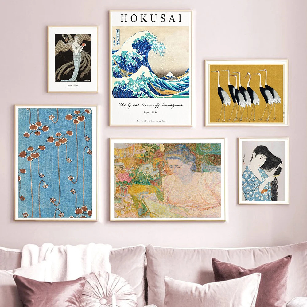 ญี่ปุ่นเดินทางผ้าใบพิมพ์ Katsushika Hokusai Art นิทรรศการโปสเตอร์ภาพวาด Retro บนภาพผนังสําหรับห้องนั