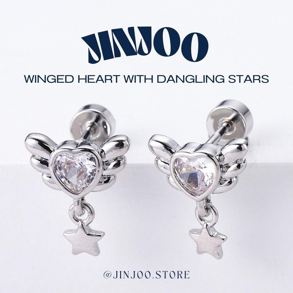 Jinjoo จิวต่างหู รุ่น Winged Heart with Dangling Stars Earrings ก้านหนา 0.8 mm. สแตนเลส316 (แป้นแบน)