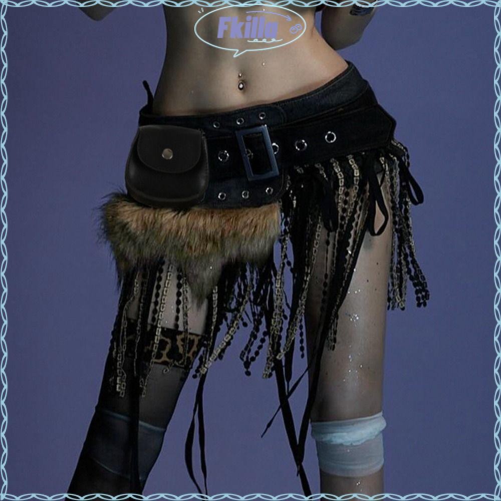 FKILLA7 Faux Fur Splicing เข็มขัด, Y2K Gyaru Mini กระเป๋าเข็มขัด,ไม่สม่ําเสมอ Chic อินเทรนด์ออกแบบ P