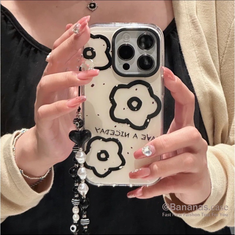 Iphone 16 15 14 13 12 11 Pro Max X Xr Xs Max 7 8 Plus SE2020 เคสโทรศัพท์ดอกไม้สีดํา + Lanyard Clear Soft ฝาหลัง