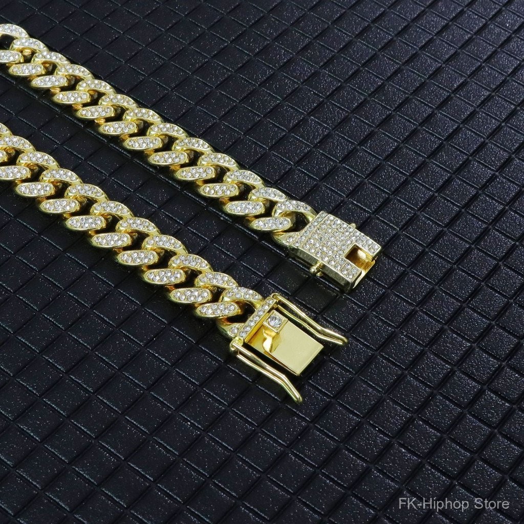 【FK】สร้อยคอฮิปฮอปใหม่จากยุโรปและอเมริกา โซ่คิวบาประดับเพชร 12 มม. ตัวล็อคสปริง สร้อยคอฮิปฮอปแบบยูนิเซ็กซ์