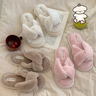 Xixtiao รองเท้าแตะผ้าฝ้ายแฟชั่น PPR Simple Cross สีทึบ One-word หญิงฤดูใบไม้ร่วงฤดูหนาว Leisure บ้านในร่ม Warm Plush